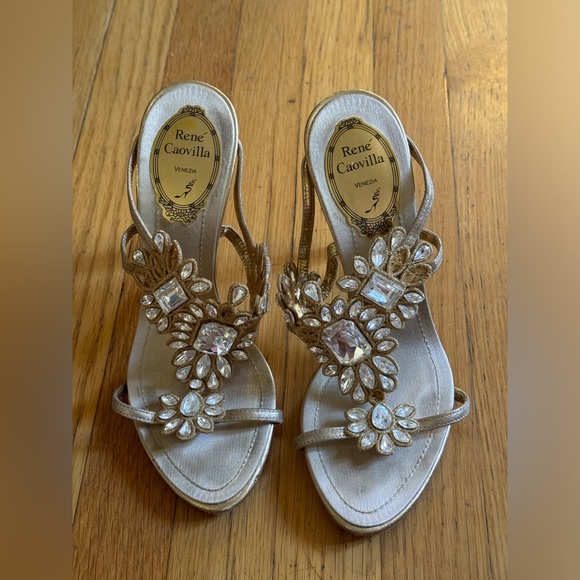 Rene Caovilla Crystal Gold Mules Sandals With Glitter Instep Sz 36.5 - Picture 6 of 11